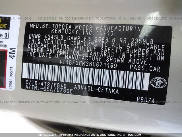 4T1BF3EK3BU671169 - 2011 TOYOTA CAMRY SE/LE/XLE ბეჟი ფოტო 9