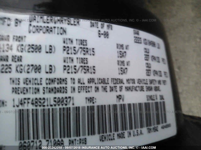 1J4FF48S21L500371 - 2001 JEEP CHEROKEE SPORT BLACK photo 9