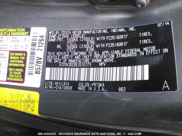 5TDYK3DC9ES510175 - 2014 TOYOTA SIENNA XLE/LIMITED GRAY photo 9