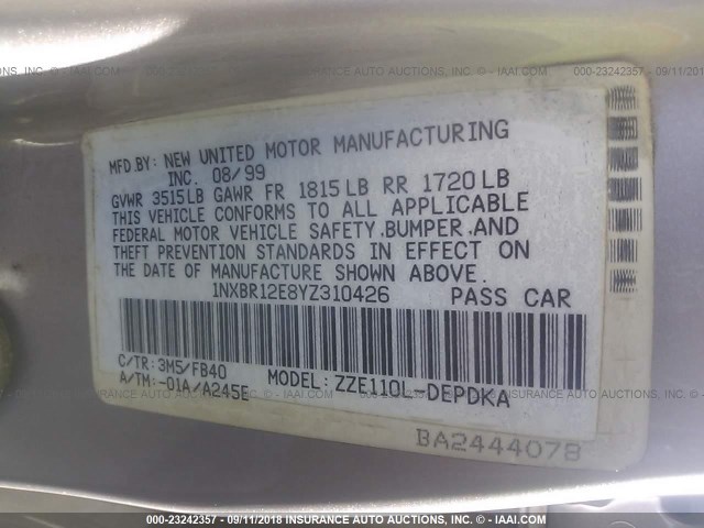 1NXBR12E8YZ310426 - 2000 TOYOTA COROLLA VE/CE/LE 金色 照片 9