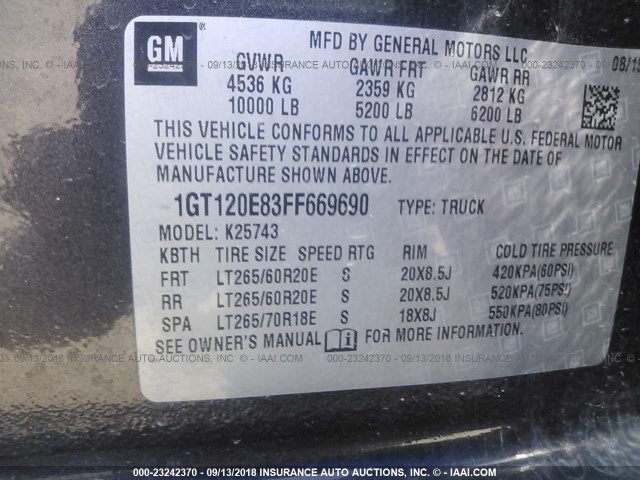 1GT120E83FF669690 - 2015 GMC SIERRA K2500 DENALI GRAY photo 9