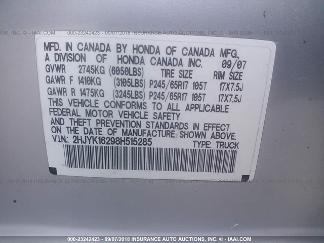 2HJYK16298H515285 - 2008 HONDA RIDGELINE RT SILVER photo 9