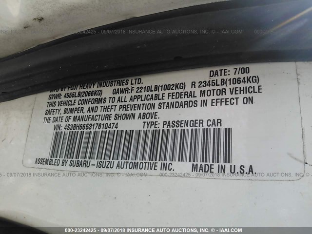 4S3BH665317610474 - 2001 SUBARU LEGACY OUTBACK WHITE photo 9