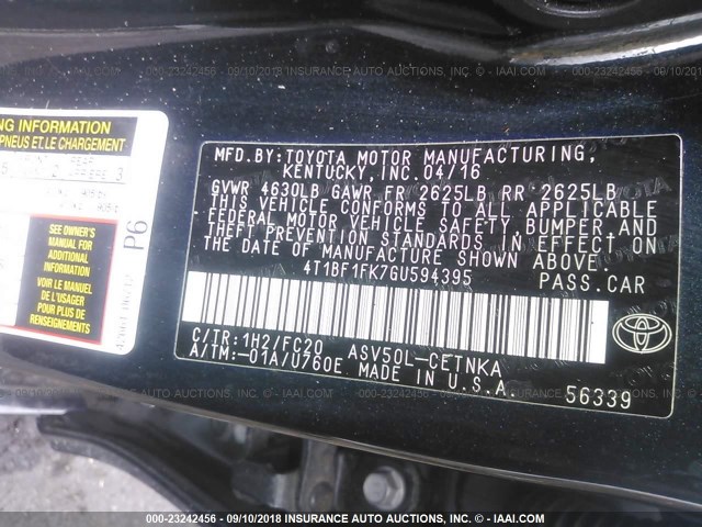 4T1BF1FK7GU594395 - 2016 TOYOTA CAMRY LE/XLE/SE/XSE 黑色 照片 9