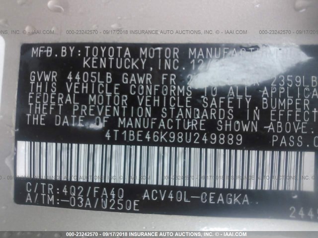 4T1BE46K98U249889 - 2008 TOYOTA CAMRY CE/LE/XLE/SE GOLD photo 9