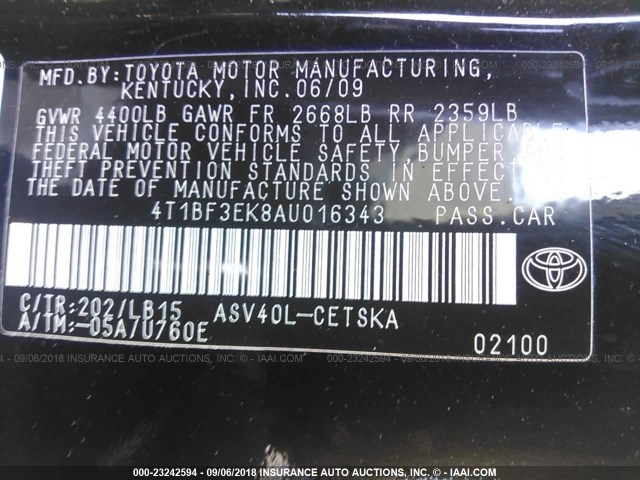 4T1BF3EK8AU016343 - 2010 TOYOTA CAMRY SE/LE/XLE 黑色 照片 9