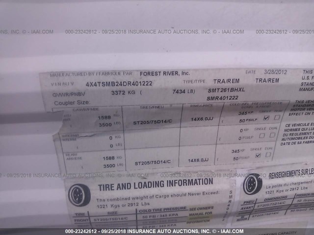 4X4TSMB24DR401222 - 2013 FOREST RIVER SALEM CRUISE LITE  WHITE photo 9