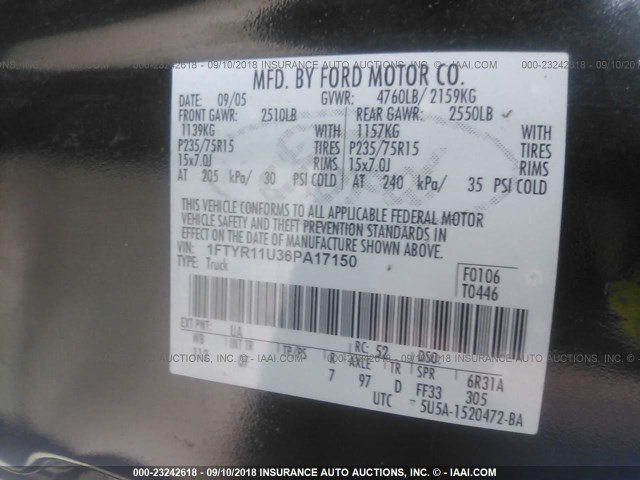 1FTYR11U36PA17150 - 2006 FORD RANGER BLACK photo 9