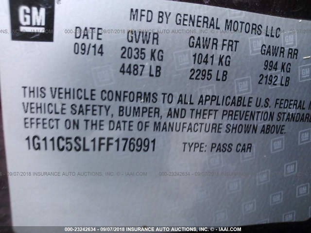 1G11C5SL1FF176991 - 2015 CHEVROLET MALIBU 1LT მუქწითელი ფოტო 9