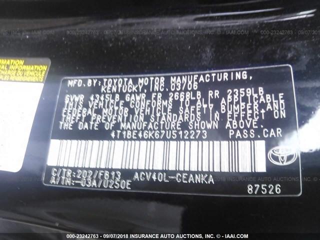 4T1BE46K67U512273 - 2007 TOYOTA CAMRY NEW GENERAT CE/LE/XLE/SE BLUE photo 9