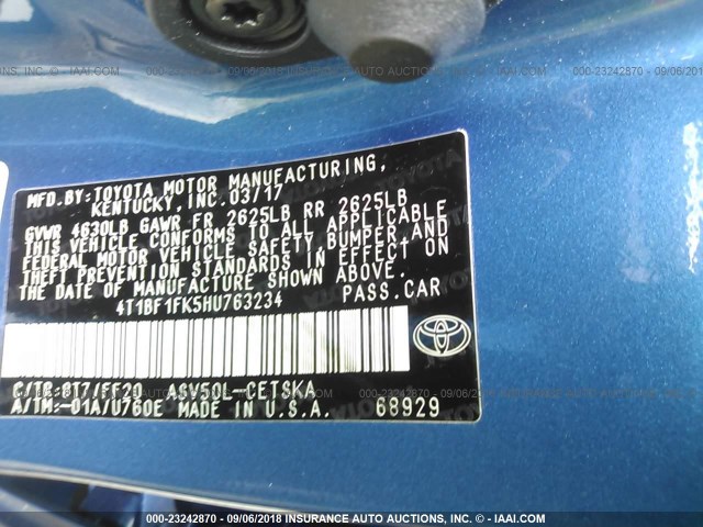 4T1BF1FK5HU763234 - 2017 TOYOTA CAMRY LE/XLE/SE/XSE 蓝色 照片 9