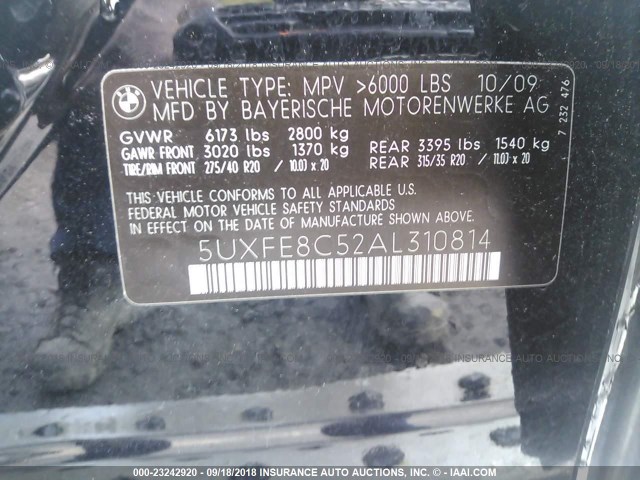 5UXFE8C52AL310814 - 2010 BMW X5 XDRIVE48I Czarny zdjęcie 9