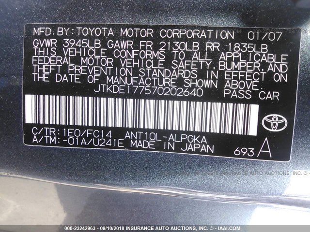 JTKDE177570202640 - 2007 TOYOTA SCION TC 灰色 照片 9