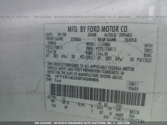 1FTYR14D59PA09969 - 2009 FORD RANGER SUPER CAB WHITE photo 9