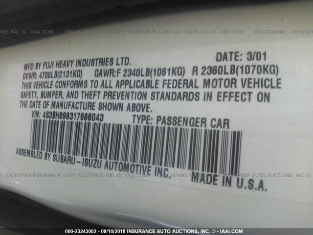 4S3BH896317666043 - 2001 SUBARU LEGACY OUTBACK H6 3.0 VDC WHITE photo 9