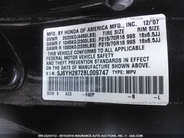 5J6YH28728L009747 - 2008 HONDA ELEMENT EX BLACK photo 9