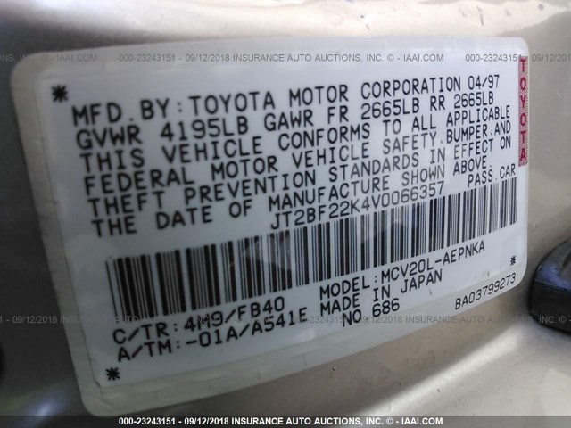 JT2BF22K4V0066357 - 1997 TOYOTA CAMRY LE/XLE GOLD photo 9