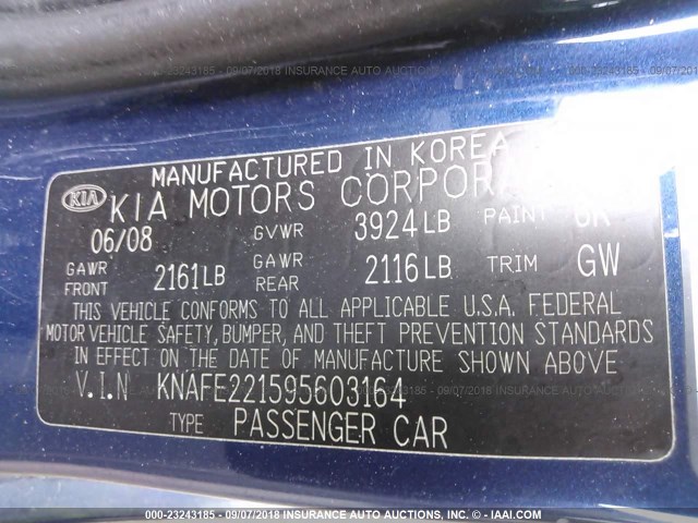 KNAFE221595603164 - 2009 KIA SPECTRA EX/LX/SX BLUE photo 9