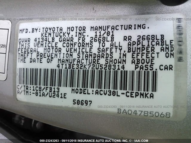 4T1BE32K72U528314 - 2002 TOYOTA CAMRY LE/XLE/SE Gümüş foto 9