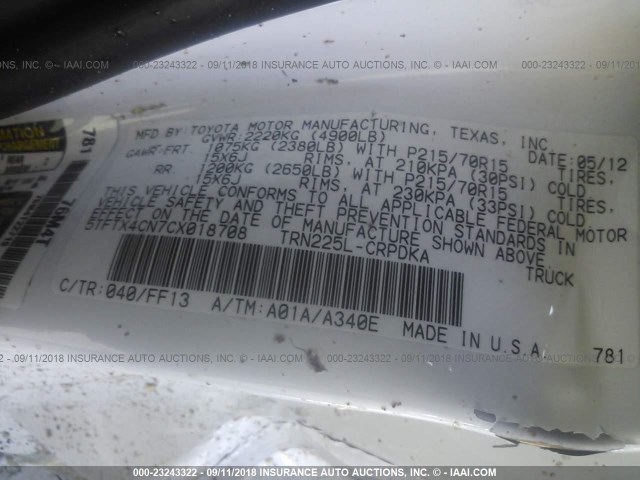 5TFTX4CN7CX018708 - 2012 TOYOTA TACOMA ACCESS CAB Weiß Foto 9