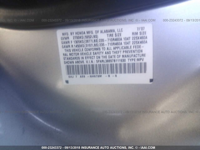 5FNRL38897B111930 - 2007 HONDA ODYSSEY TOURING SILVER photo 9