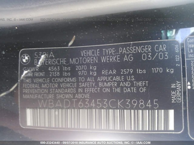 WBADT63453CK39845 - 2003 BMW 530 I AUTOMATIC BLACK photo 9