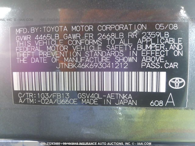 JTNBK46K693041212 - 2009 TOYOTA CAMRY SE/LE/XLE ნაცრისფერი ფოტო 9