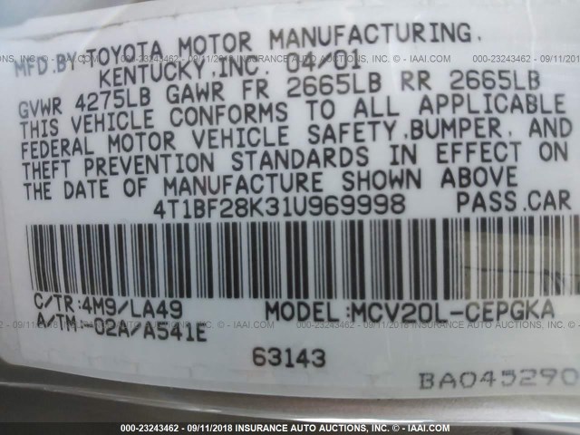4T1BF28K31U969998 - 2001 TOYOTA CAMRY LE/XLE GOLD photo 9