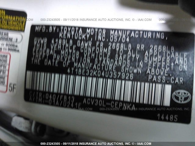 4T1BE32K04U357926 - 2004 TOYOTA CAMRY LE/XLE/SE Ақ фото 9
