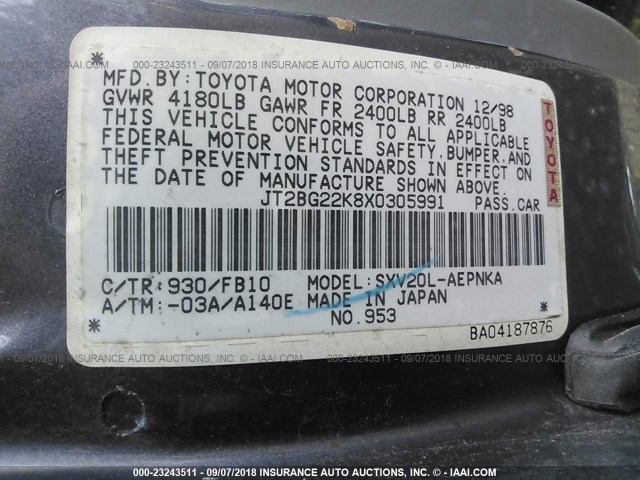 JT2BG22K8X0305991 - 1999 TOYOTA CAMRY LE/XLE 灰色 照片 9