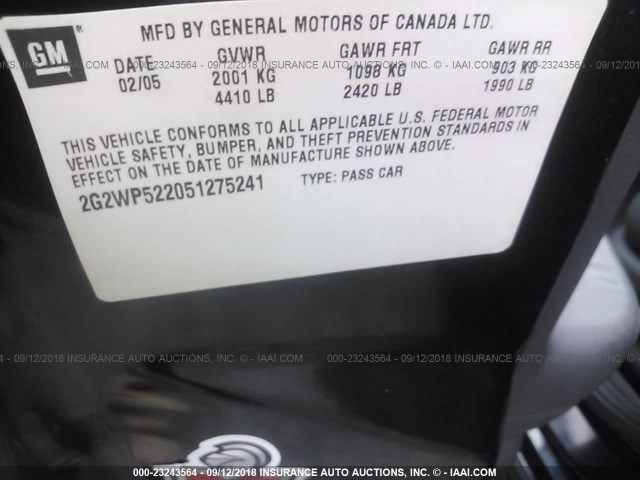 2G2WP522051275241 - 2005 PONTIAC GRAND PRIX Чорний фото 9