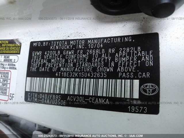 4T1BE32K15U432635 - 2005 TOYOTA CAMRY LE/XLE/SE Ağ foto 9