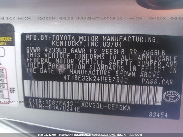 4T1BE32K24U887900 - 2004 TOYOTA CAMRY LE/XLE/SE 灰色 照片 9