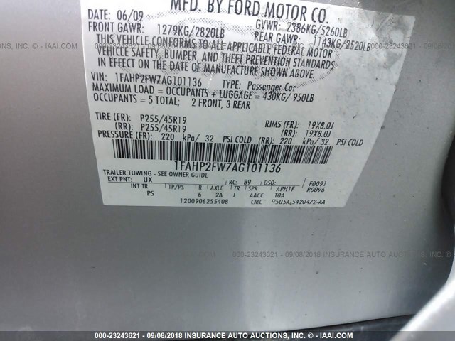 1FAHP2FW7AG101136 - 2010 FORD TAURUS LIMITED SILVER photo 9