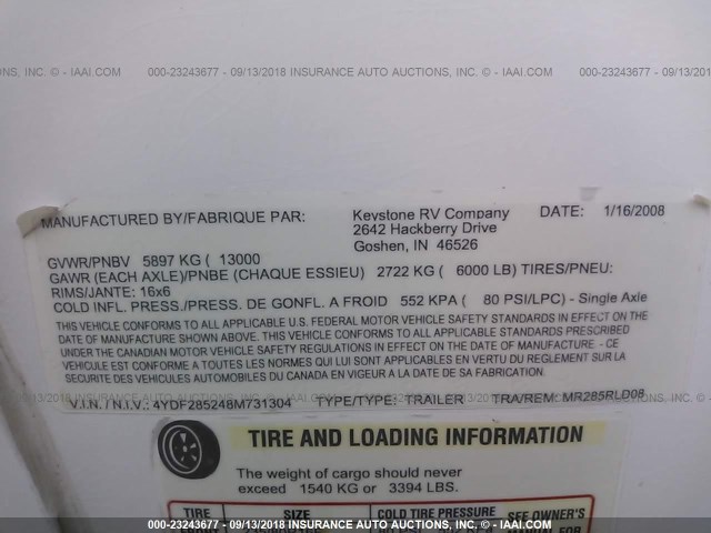 4YDF285248M731304 - 2008 KEYSTONE MONTANA WHITE photo 9