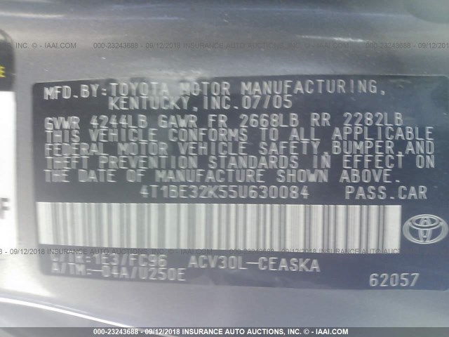 4T1BE32K55U630084 - 2005 TOYOTA CAMRY LE/XLE/SE 灰色 照片 9