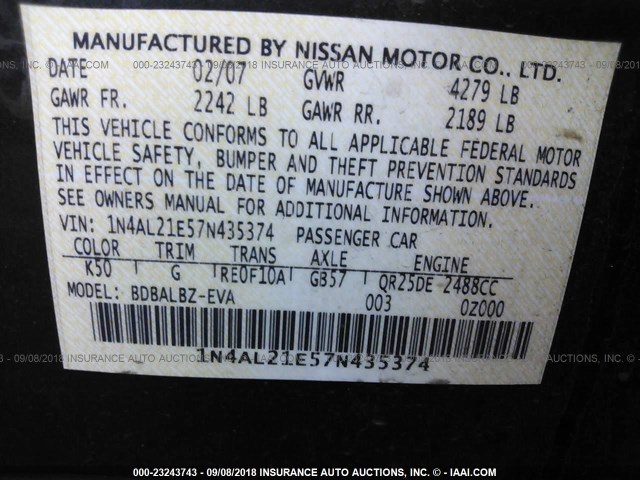 1N4AL21E57N435374 - 2007 NISSAN ALTIMA 2.5/2.5S GRAY photo 9