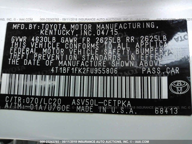 4T1BF1FK2FU955806 - 2015 TOYOTA CAMRY LE/XLE/SE/XSE WHITE photo 9