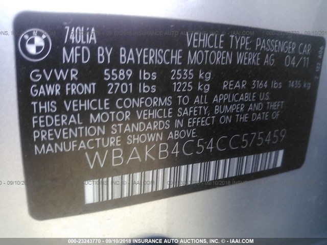 WBAKB4C54CC575459 - 2012 BMW 740 LI SILVER photo 9