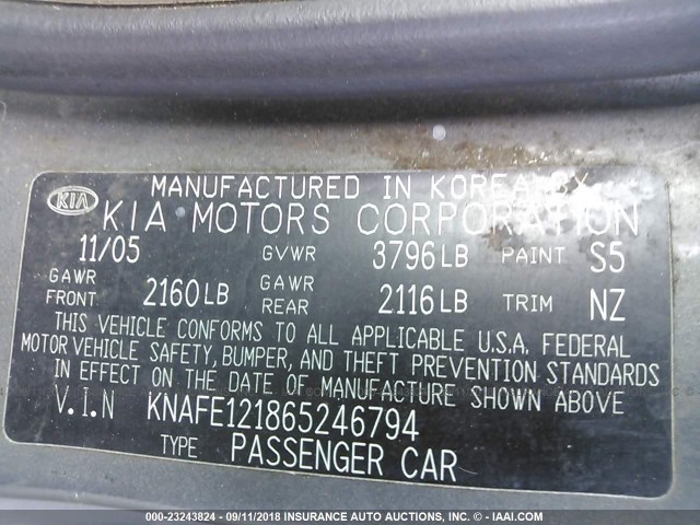 KNAFE121865246794 - 2006 KIA NEW SPECTRA LX/EX GRAY photo 9