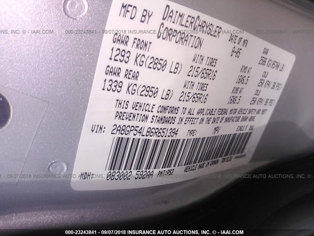 2A8GP54L86R651394 - 2006 CHRYSLER TOWN & COUNTRY TOURING SILVER photo 9