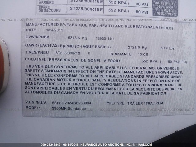 5SFSG2924BE233094 - 2011 HEARTLAND SUNDANCE  Ağ foto 9