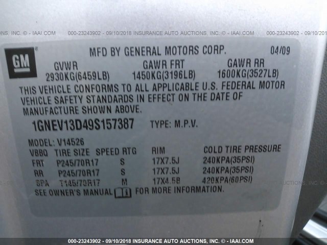 1GNEV13D49S157387 - 2009 CHEVROLET TRAVERSE LS SILVER photo 9