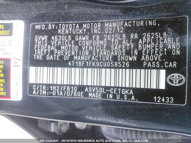 4T1BF1FK9CU058526 - 2012 TOYOTA CAMRY SE/LE/XLE 黑色 照片 9
