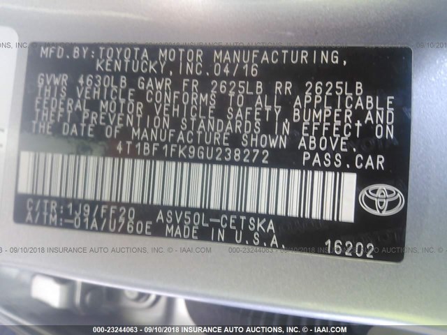 4T1BF1FK9GU238272 - 2016 TOYOTA CAMRY LE/XLE/SE/XSE SILVER photo 9