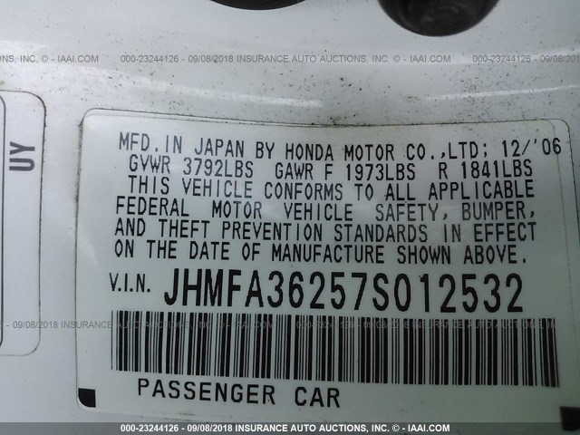 JHMFA36257S012532 - 2007 HONDA CIVIC HYBRID WHITE photo 9