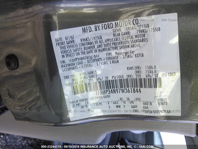 1FAHP34N97W361844 - 2007 FORD FOCUS ZX4/S/SE/SES Сұр фото 9