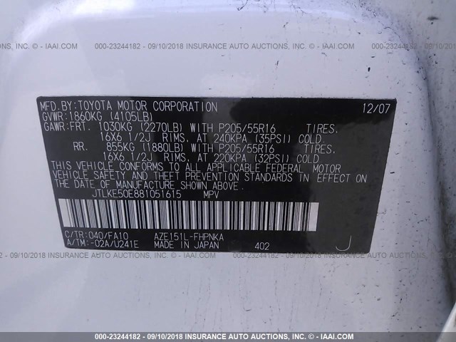 JTLKE50E881051615 - 2008 TOYOTA SCION XB 白色 照片 9