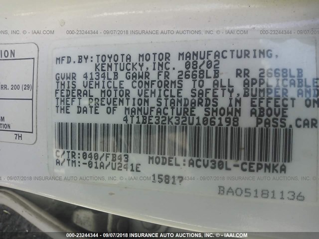 4T1BE32K32U106198 - 2002 TOYOTA CAMRY LE/XLE/SE Ақ фото 9