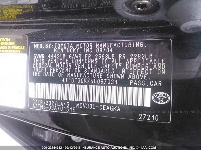 4T1BF30K75U087031 - 2005 TOYOTA CAMRY LE/XLE/SE BLACK photo 9
